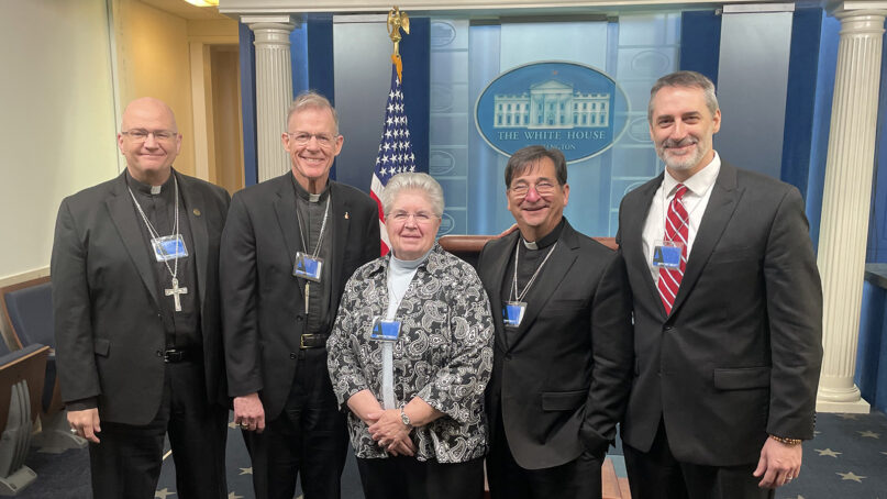 Bishop Edward Weisenburger of Tucson, from left, Archbishop John Wester of Santa Fe, Sister Carol Zinn, Bishop Joseph Tyson of Yakima and Lonnie Ellis at the White House, Friday, Nov. 17, 2023, for a meeting about climate change. (Photo © In Solidarity)