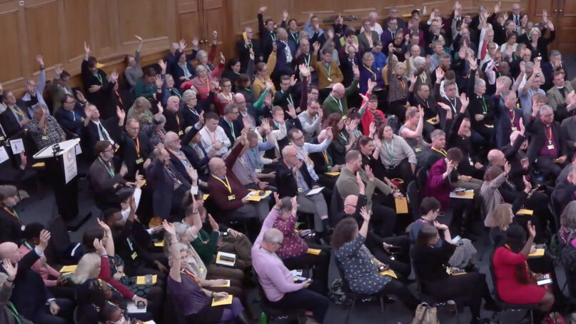 Church of England General Synod attendees vote on a motion for closure on an item, Nov. 15, 2023, in London. (Video screen grab)