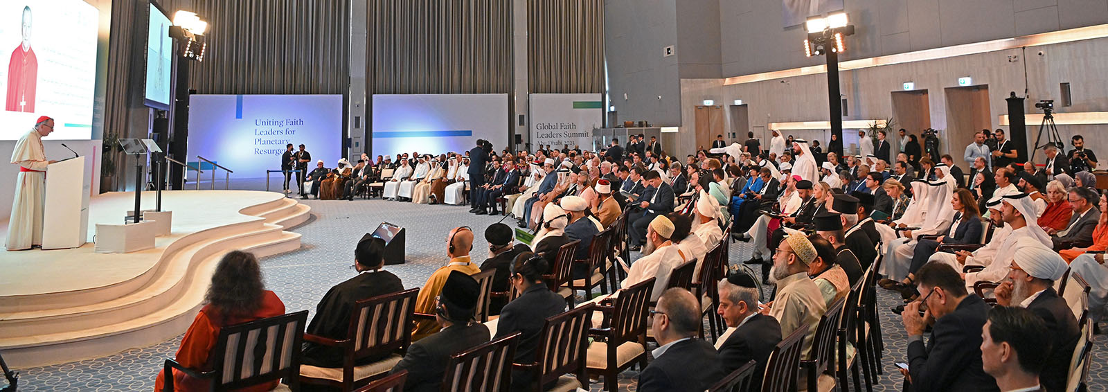 Cardinal Pietro Parolin, left, addresses the Global Faith Leaders Summit, Tuesday, Nov. 7, 2023, in Abu Dhabi. (Photo courtesy Muslim Council of Elders)