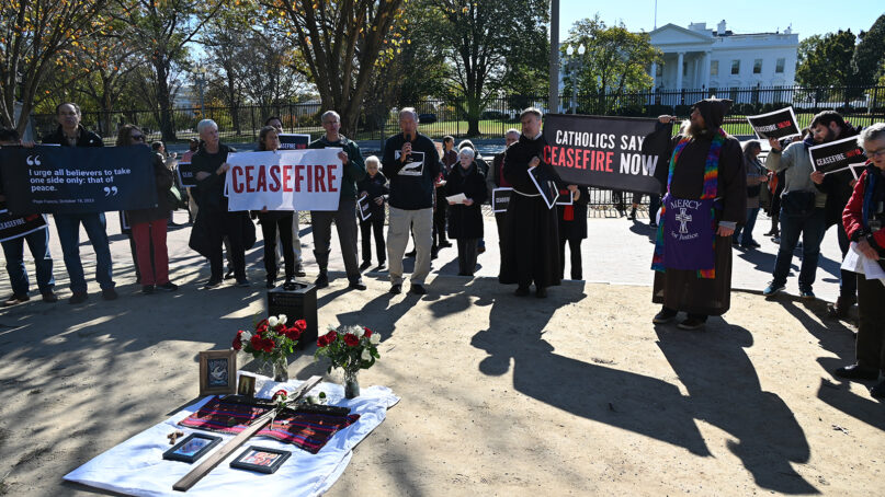 Catholic activists participate in a “pray-in” protest, advocating a cease-fire in the Gaza Strip, outside the White House, Nov. 2, 2023, in Washington. (RNS photo/Jack Jenkins)