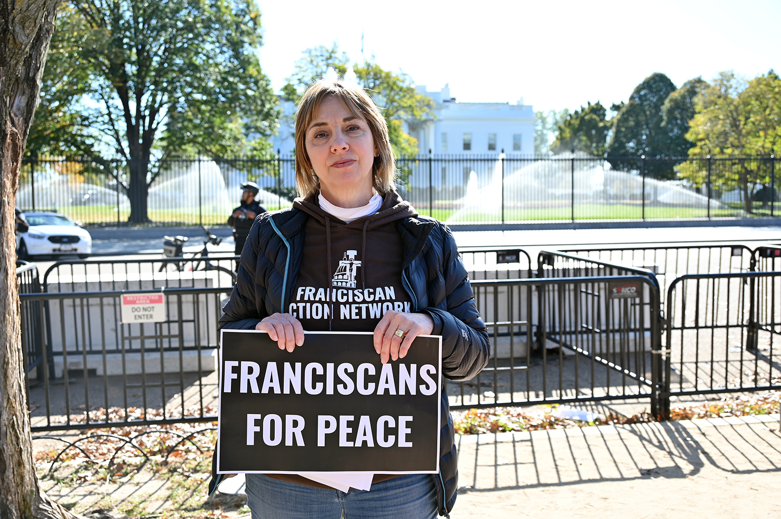 Michele Dunne, head of the Franciscan Action Network, attends a “pray-in” protest outside the White House, Thursday, Nov. 2, 2023, in Washington. (RNS photo/Jack Jenkins)