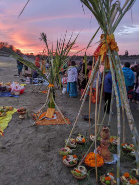 Fruit offerings are set out throughout a Chhath Puja occasion in California. (Photo courtesy Pushpita Prasad)
