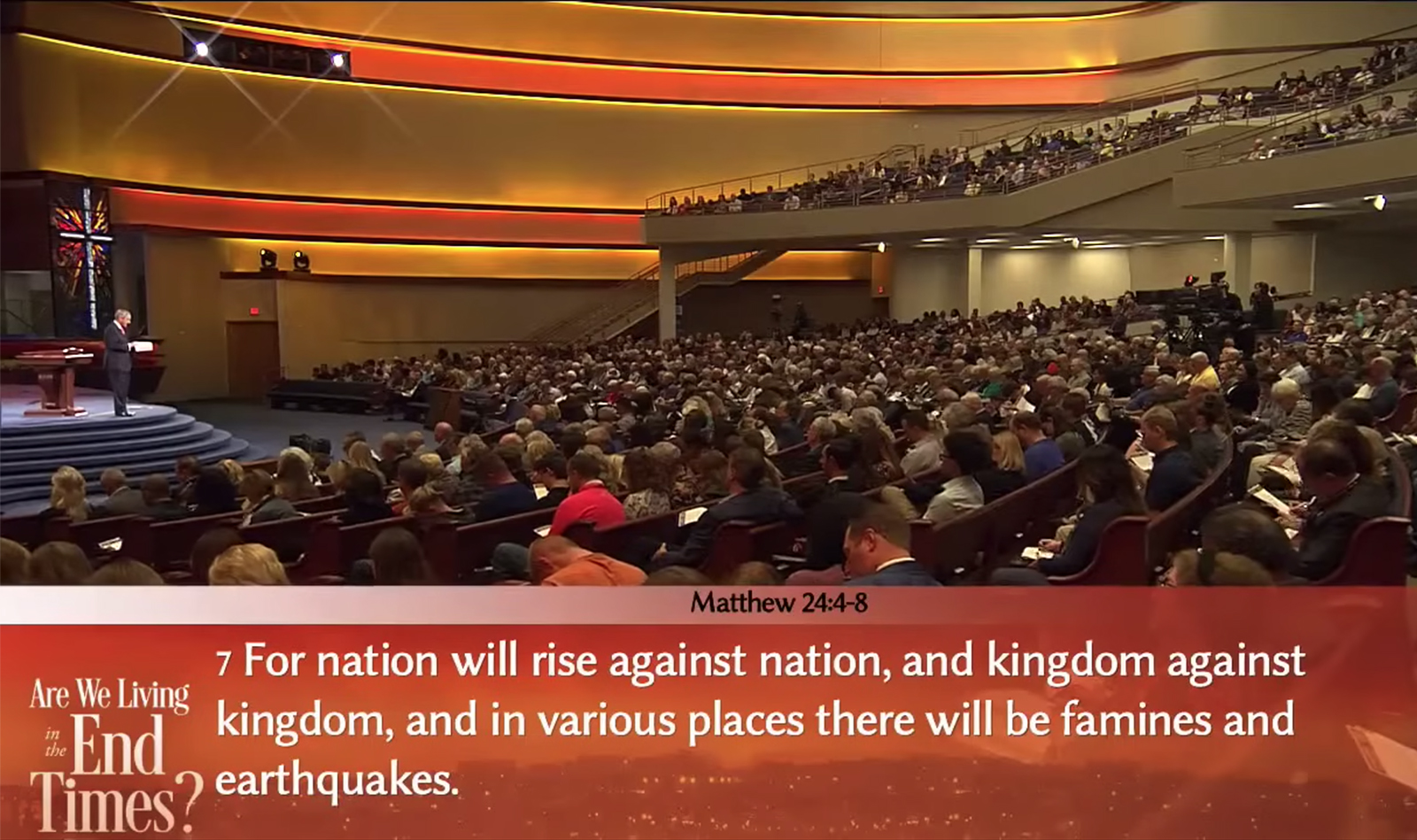 Senior pastor Robert Jeffress, left, preaches about the end times at First Baptist Church in Dallas on Nov. 7, 2023. (Video screen grab)