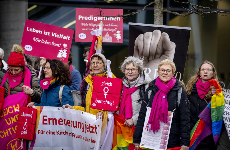 Members of the KFD group, which represents Catholic women in Germany, protest prior to the beginning of the Fifth Synodal Meeting in Frankfurt, Germany, March 9, 2023. They demand equal rights for women in the Catholic Church. (AP Photo/Michael Probst)