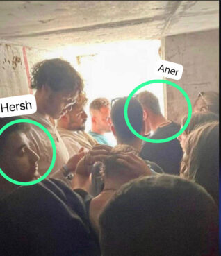 Hersh Goldberg-Polin, left, and Aner Shapiro, right, in a shelter with other festival attendees in southern Israel on Oct. 7 2023. (Courtesy photo)