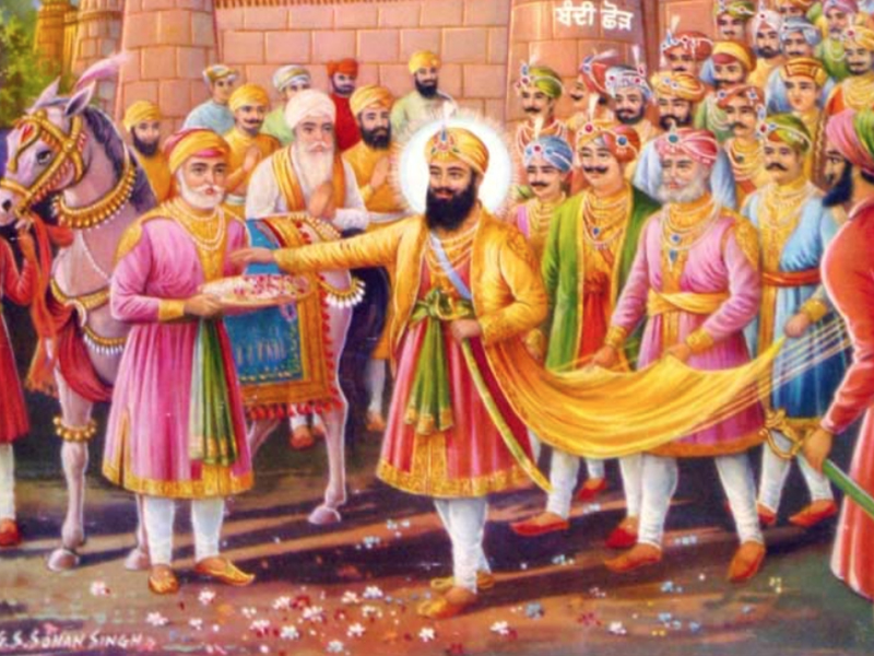 A depiction of Guru Hargobind, the sixth Sikh guru, being released from Gwalior Fort by Jahangir's order. (Image by G.S. Sohan Singh/Wikipedia/Creative Commons)