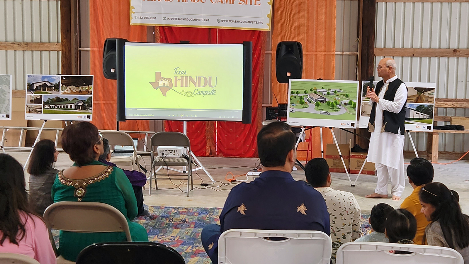 Subhash Gupta gives a presentation about the Texas Hindu Campsite during a Bhumi Pujan, or groundbreaking ritual, Saturday, Nov. 18, 2023, near Houston. (Photo courtesy Ipshit Chopra)