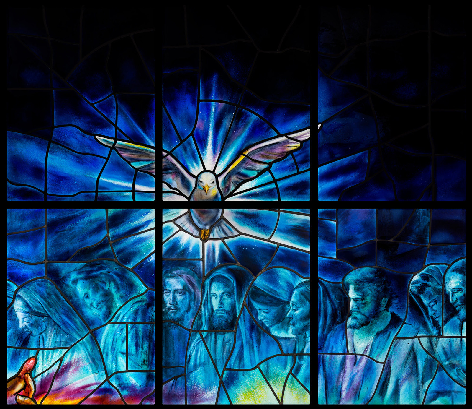 A dove and several panels of the stained-glass window at Church of the Resurrection in Leawood, Kansas. (Photo courtesy Judson Studios)