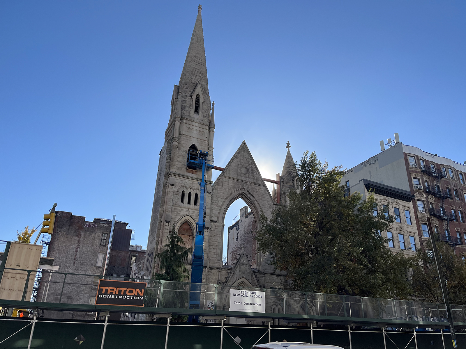 The remaining façade and belltower of Middle Collegiate Church will be demolished in Manhattan, New York. (RNS photo/Fiona André)
