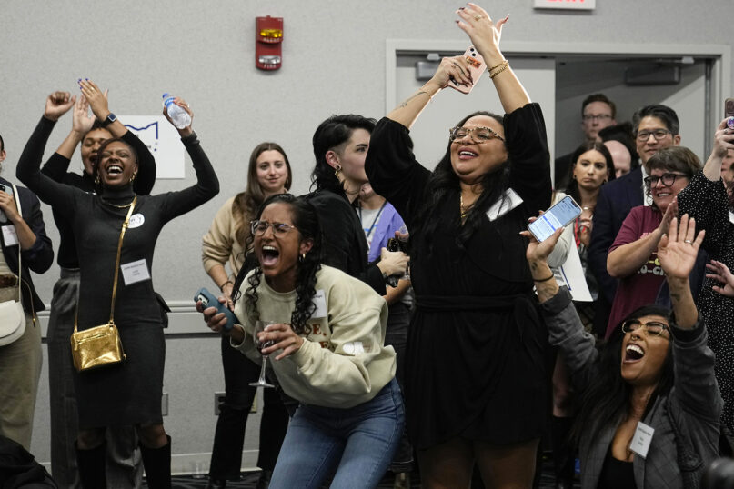 Issue 1 supporters cheer as they watch election results come in, Nov. 7, 2023, in Columbus Ohio. Ohio voters approved a constitutional amendment that guarantees the right to abortion and other forms of reproductive health care. The outcome of Tuesday’s intense, off-year election was the latest blow for abortion opponents. (AP Photo/Sue Ogrocki)