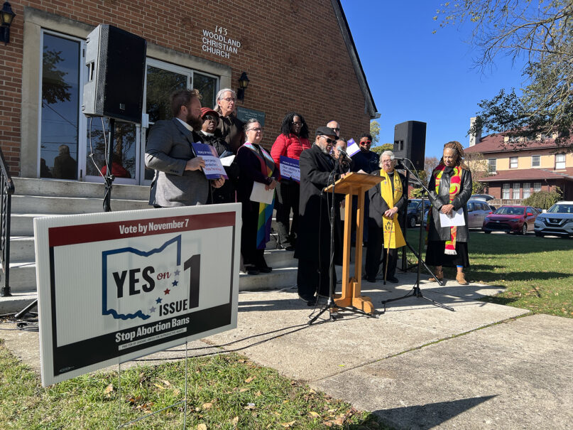 The Rev. Eric Brown speaks during a press conference held by Faith in Public Life Action, Thursday, Nov. 2, 2023, at Woodland Christian Church in Columbus, Ohio. (Photo courtesy Faith in Public Life)