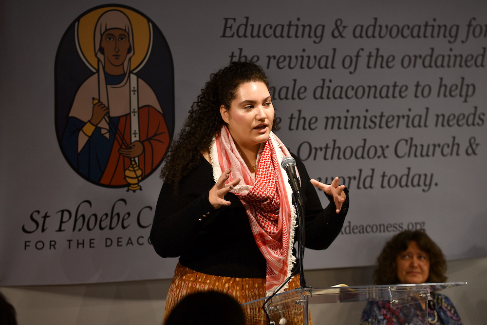 Sophia Kyrou speaks during a symposium on women deacons, at Hellenic College Holy Cross Greek Orthodox School of Theology and St. Mary Orthodox Church in Brookline, Mass. (Photo courtesy Sarah Riccardi-Swartz and JD Swartz/St. Phoebe Center)
