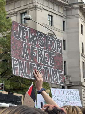 Signage during a pro-Palestinian demonstration in Washington, Saturday, Nov. 4, 2023. (RNS photo/Whitney Bauck)