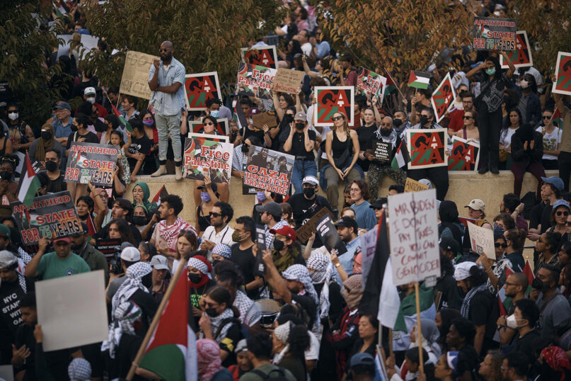 Protesters gather during a pro-Palestine demonstration demanding a cease-fire on Saturday, Oct. 28, 2023, in New York. (AP Photo/Andres Kudacki)
