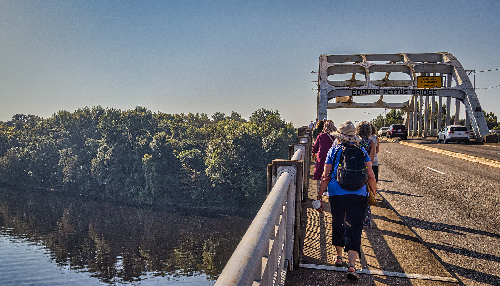 ReStory US tour participants walk across the Edmund Pettus Bridge in Selma, Alabama, in Sept. 2022. (Photo by David Altschul via Telos)