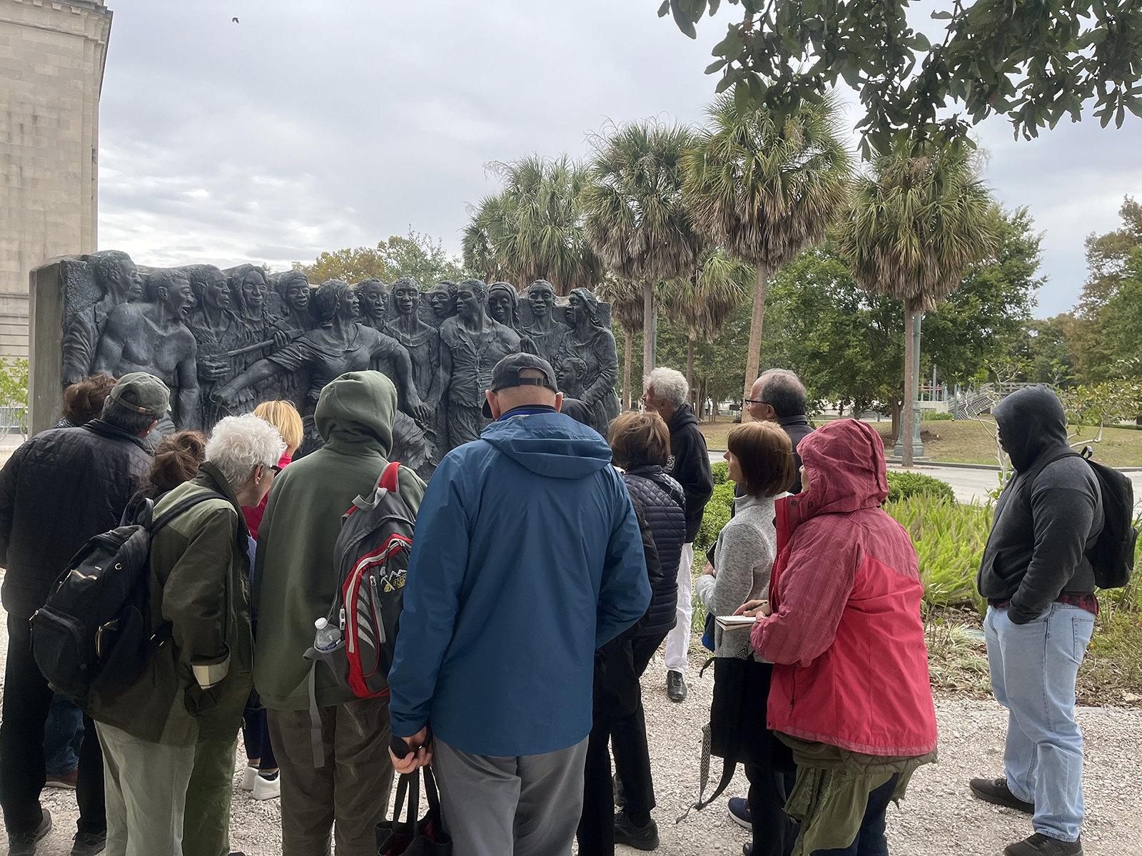 ReStory US tour participants visit the 2010 sculpture "Congo Square" by Adewale Adenle at Louis Armstrong Park in New Orleans, Louisiana. (RNS photo/Bob Smietana)