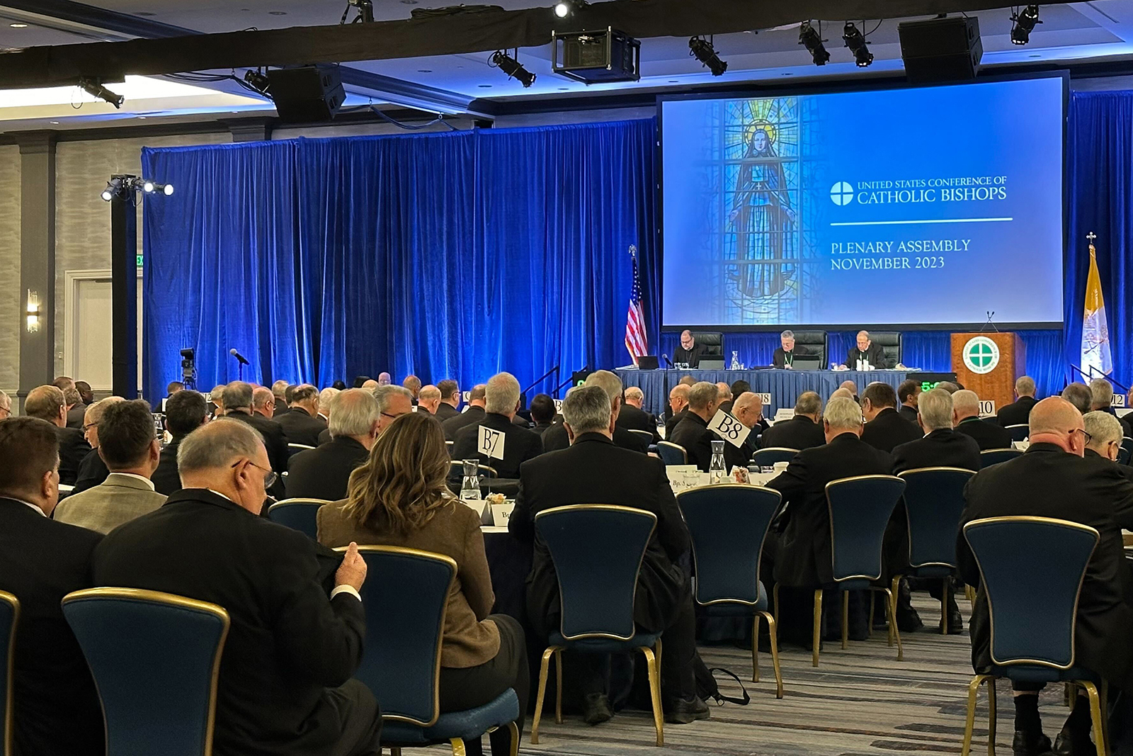 The nation’s Catholic bishops gather for their annual fall meeting at the Marriott Waterfront hotel in Baltimore on Tuesday, Nov. 14, 2023. (AP Photo/Tiffany Stanley)