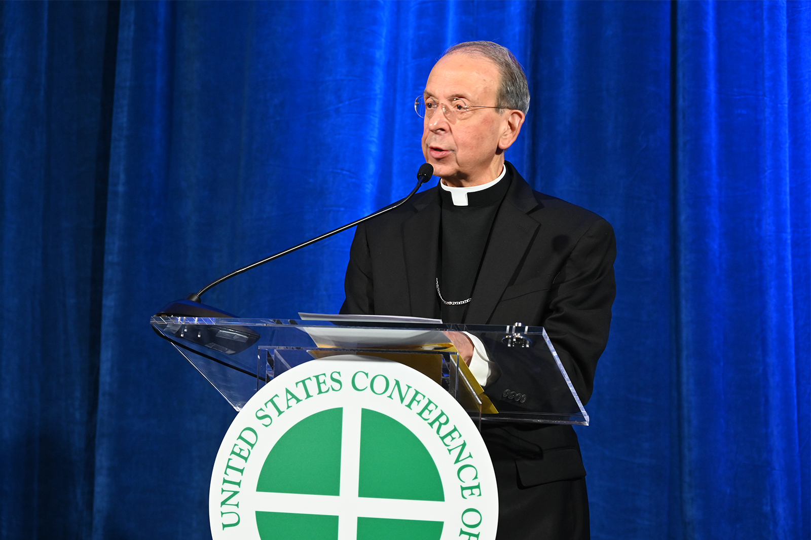 Baltimore Archbishop William Lori speaks to the media during the annual fall meeting of the U.S. Conference of Catholic Bishops, Wednesday, Nov. 15, 2023, in Baltimore. (RNS photo/Jack Jenkins)
