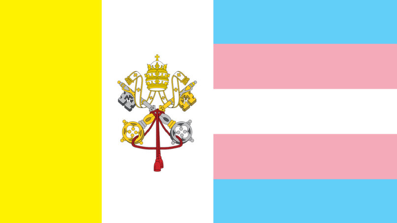 Vatican flag, left, and trans pride flag, right. (Courtesy images)