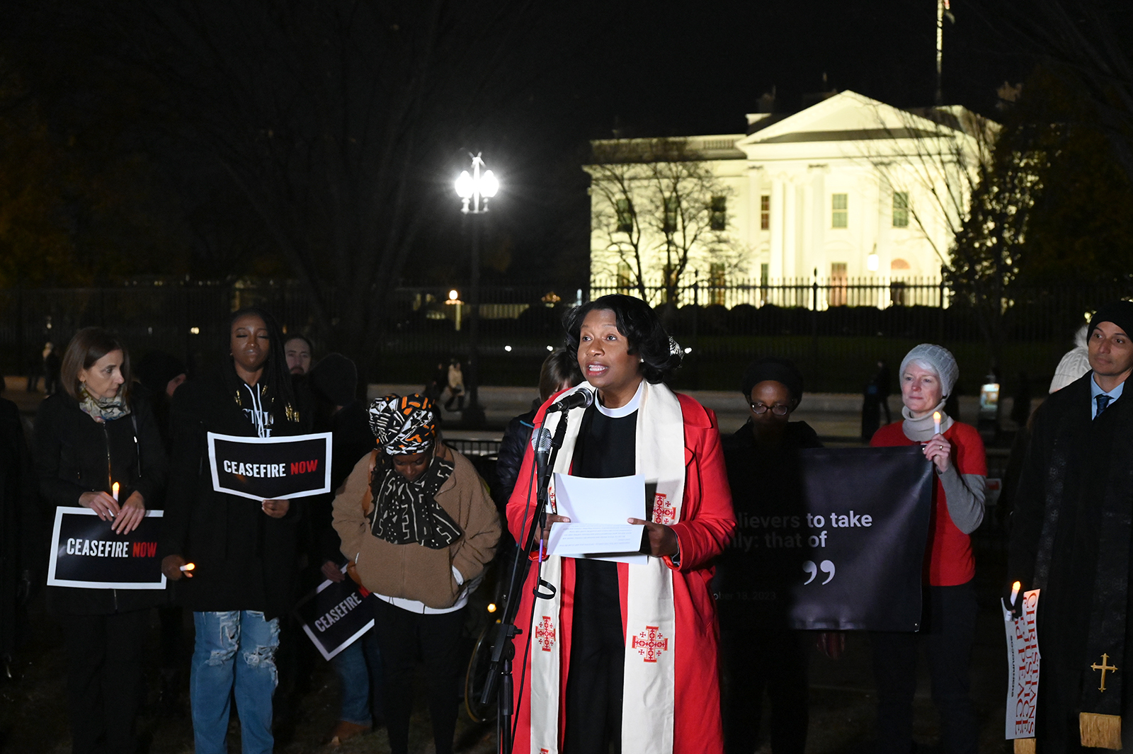 The Rev. Dr. Leslie Copeland Tune addresses a vigil opposing the Israel-Hamas war, Monday, Nov. 20, 2023, at the White House in Washington. (RNS photo/Jack Jenkins)