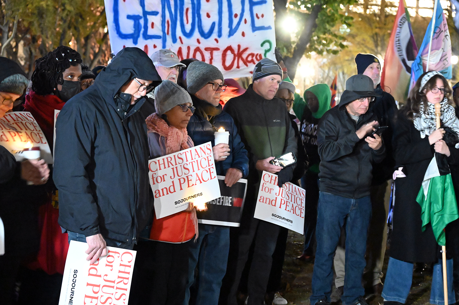People attend a vigil hosted by a variety of Christian groups opposing the Israel-Hamas war, Monday, Nov. 20, 2023, at the White House in Washington. (RNS photo/Jack Jenkins)