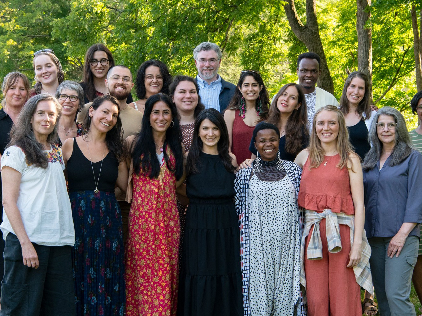 A variety of The Witness Institute Fellows and program leaders pose together during a retreat at Trinity Retreat Center in West Cornwall, Conn., in Aug. 2023. (Photo © Sari Goodfriend)