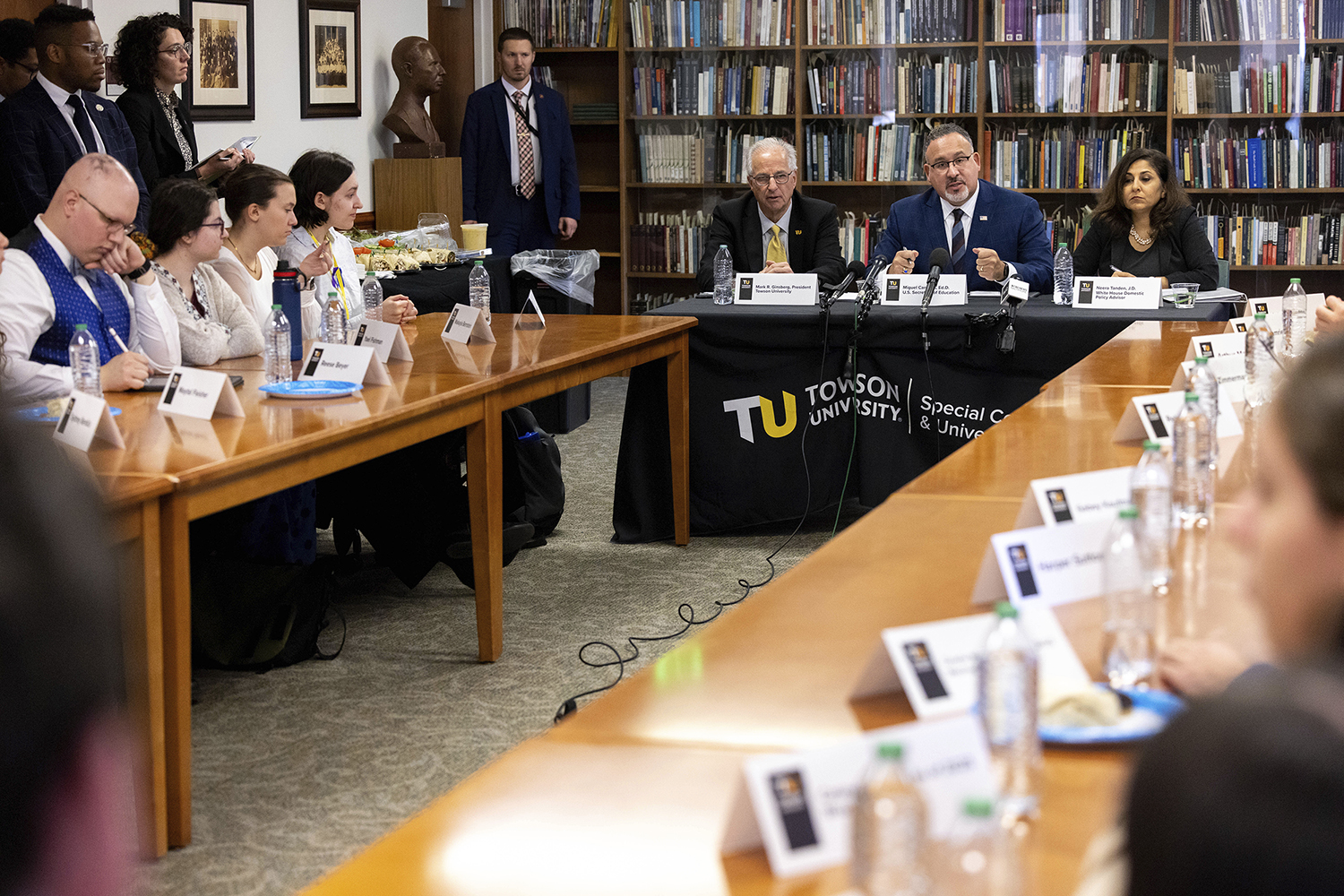 Education Secretary Miguel Cardona, domestic policy adviser Neera Tanden and Towson University president Mark Ginsberg meet with students during a visit to Towson University to discuss antisemitism on college campuses, Thursday, Nov. 2, 2023, in Towson, Md. (AP Photo/Julia Nikhinson)