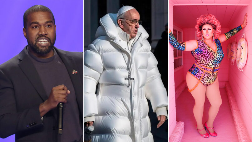 Kanye West, from left, Pope Francis in a puffer jacket and Flamy Grant. (AP, AI-generated and courtesy photos)