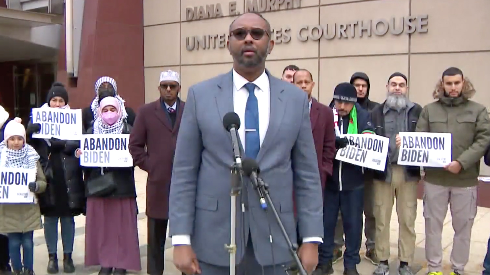 Jaylani Hussein speaks during a news conference about the Muslim community abandoning President Biden's 2024 election efforts. (Video screen grab/CBS)
