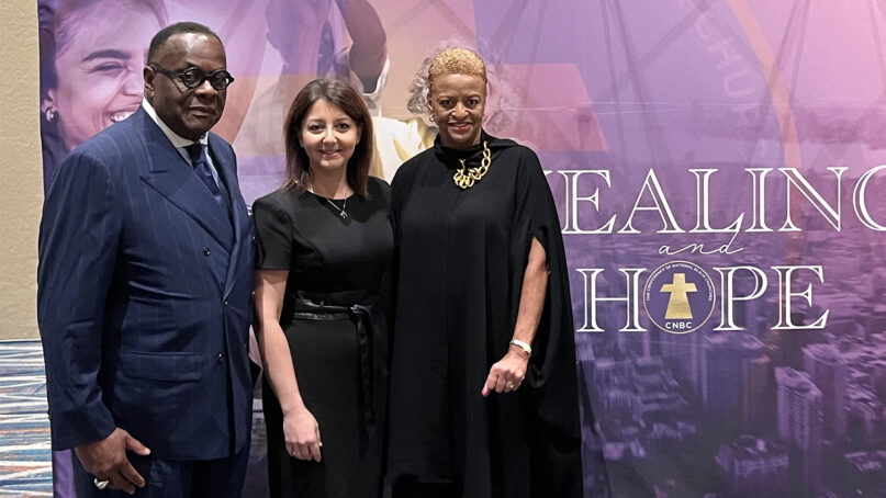 The Rev. W. Franklyn Richardson, chairman of the Conference of National Black Churches, from left, Centers for Disease Control and Prevention Director Mandy Cohen and CNBC President Jacqui Burton in Orlando, Fla. (Photo courtesy of CNBC)