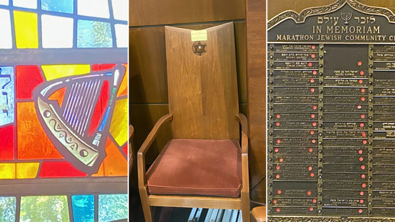 Details from the Marathon Jewish Community Center in Douglaston, Queens, New York: stained glass windows, from left, a bimah chair and a memorial plaque. (Photo courtesy of Shira Dicker)