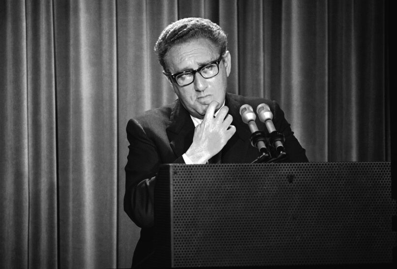 In this Thursday, May 3, 1973 photo, Henry Kissinger, President Nixon's foreign affairs adviser, briefs newsmen on Nixon's annual State of the World report to Congress at the White House in Washington. (AP Photo/Harvey Georges)