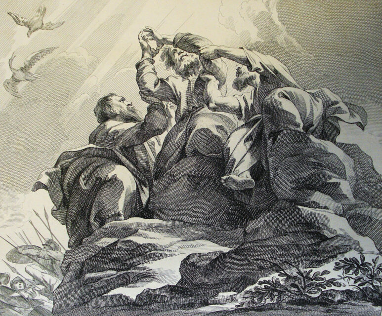 An illustration from the Phillip Medhurst Collection depicting Joshua fighting Amalek (Exodus 17). (Image courtesy of Wikipedia/Creative Commons