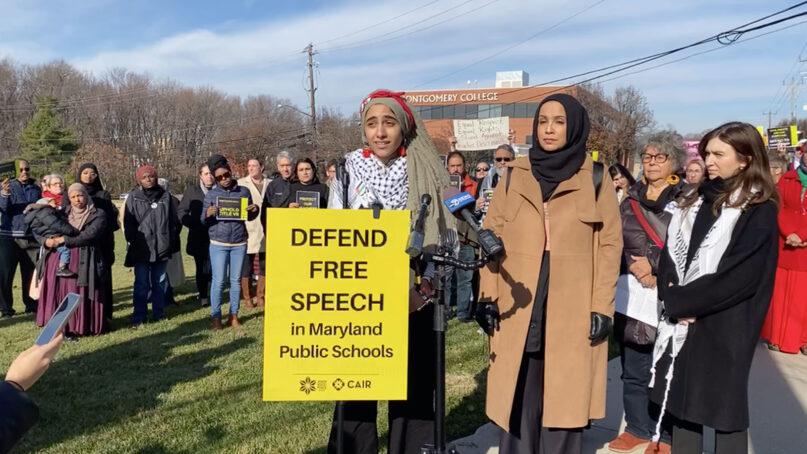 Educator Hajur El-Haggan speaks at a news conference in Rockville, MD, Friday, Dec. 8, 2023, about a discrimination complaint that has been filed against Montgomery County Public Schools. (Video screen grab/CAIR livestream)