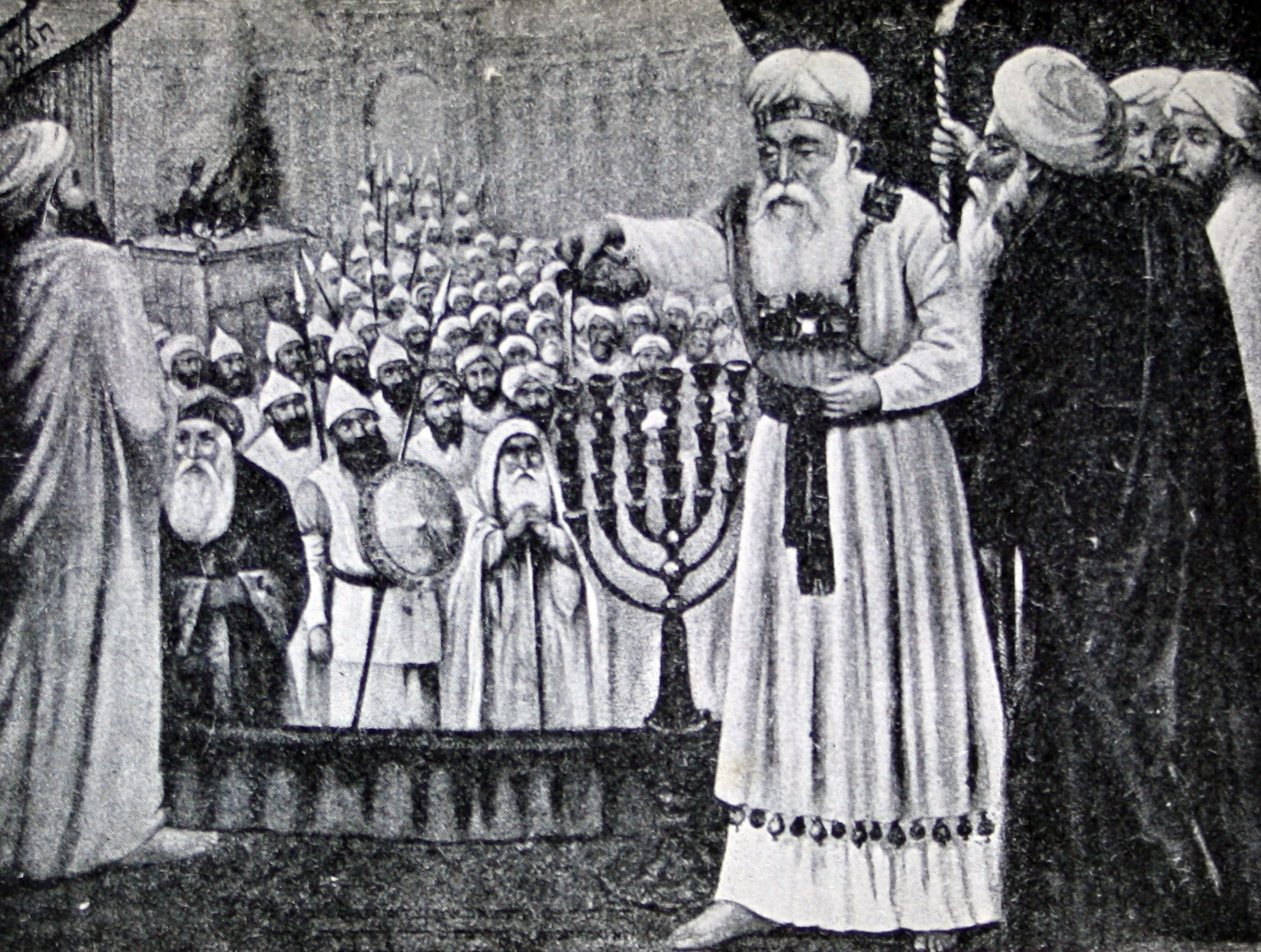 A high priest pours oil over a menorah. (Collections of the National Library of Israel/Wikipedia/Creative Commons)