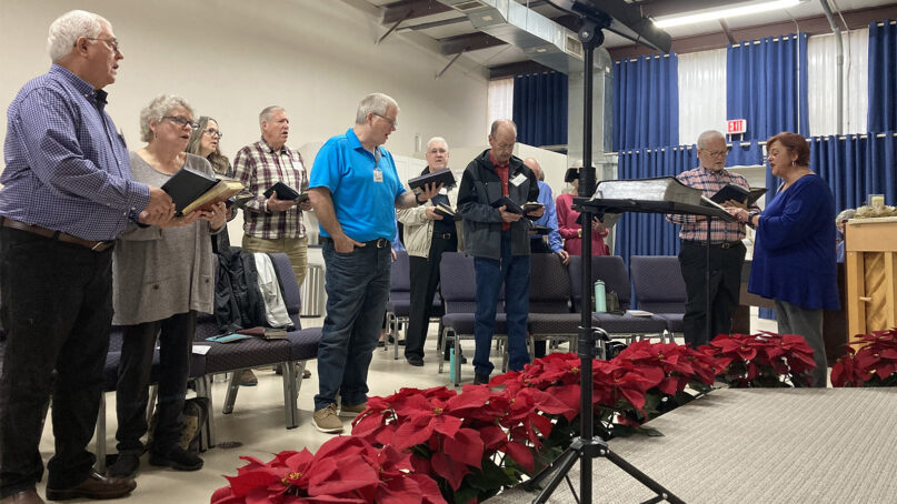 Grace United Methodist Mission members sing during their first Advent service on Dec. 3, 2023, in Advance, North Carolina. (RNS photo/Yonat Shimron)