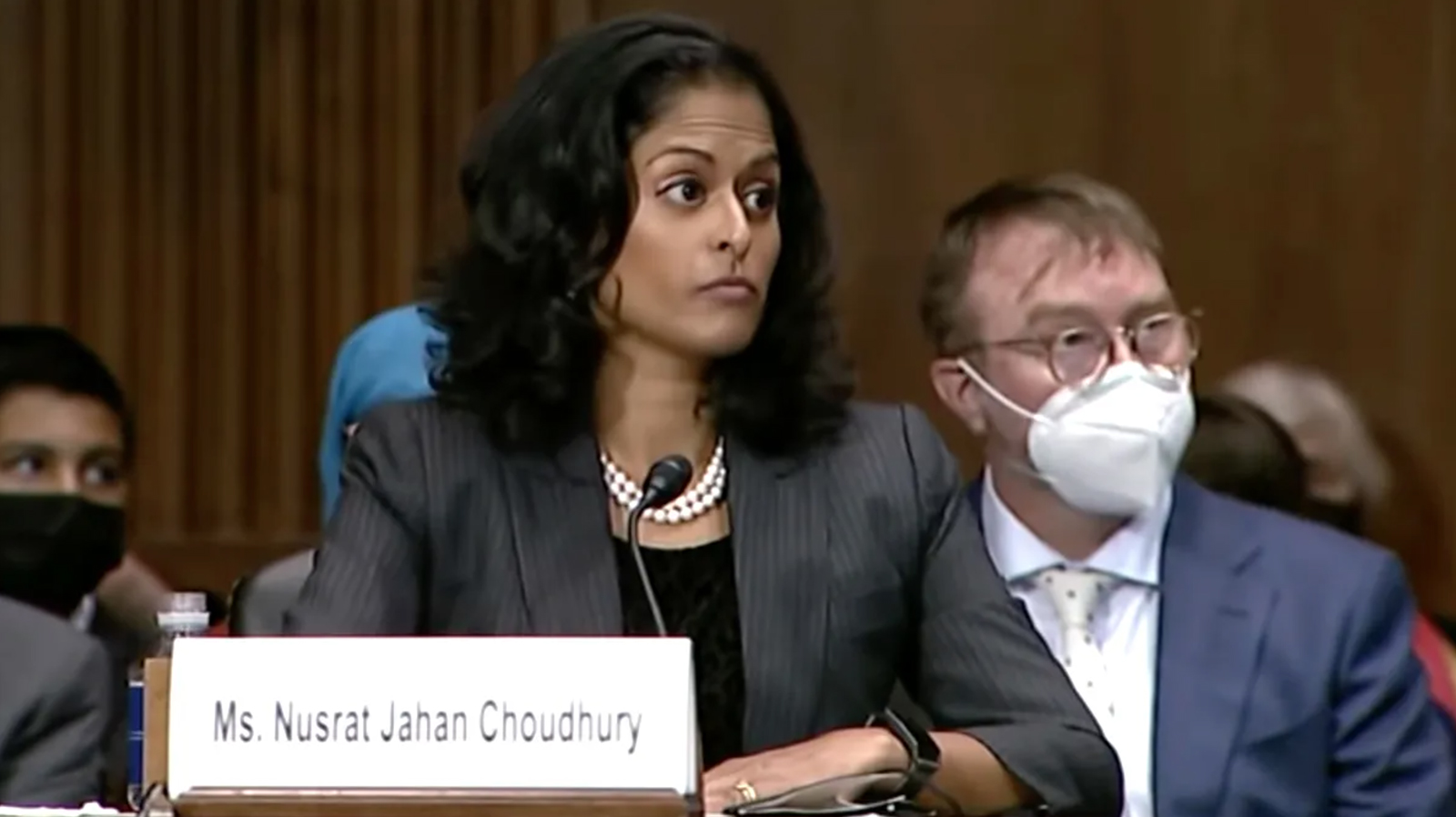 Nusrat Jahan Choudhury testifies April 27, 2022, before the Senate Judiciary Committee. (Video screen grab)
