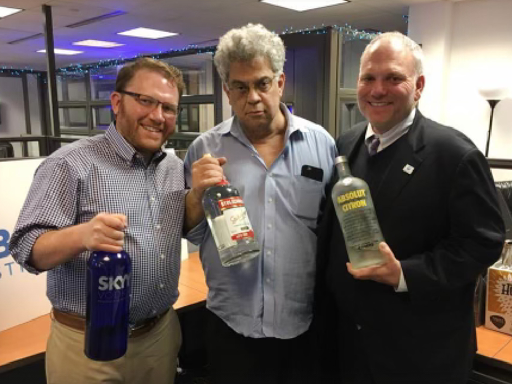 Aaron Keyak, from left, Steve Rabinowitz and William Daroff, CEO of the Conference of Presidents of Major American Jewish Organizations, at a Latkes and Vodka party a few years ago. Keyak is now deputy US Special Envoy for Antisemitism. (Photo courtesy Steve Rabinowitz)