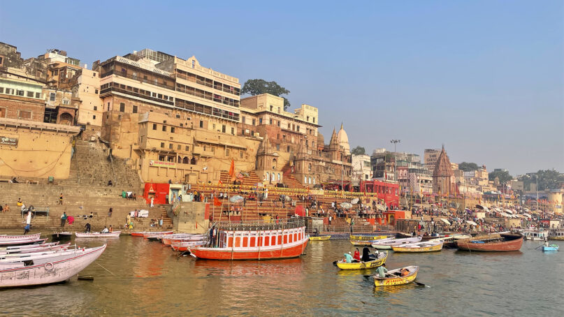 Boats line the banks of the Ganges River in Varanasi, India, Dec. 13, 2023. (RNS photo/Richa Karmarkar)