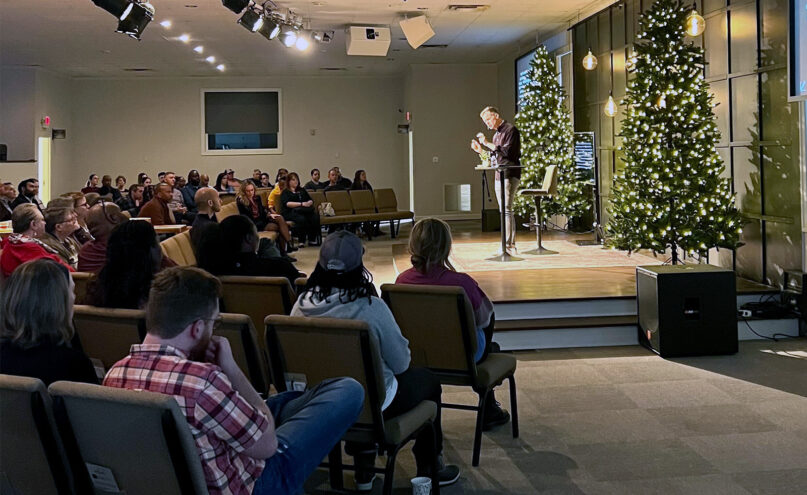 Pastor Cody Deese leads a service at Vinings Lake in Mableton, Ga., near Atlanta, Dec. 10, 2023. (RNS photo/Kathryn Post)