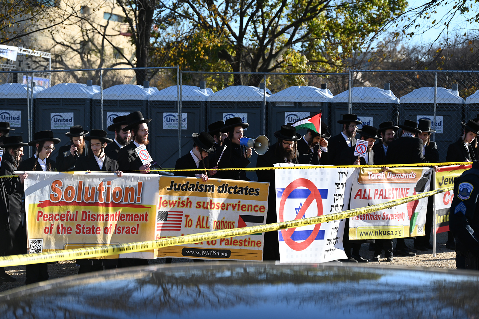 Members of the anti-Zionist subset of the U.S. ultra-Orthodox Jewish community counter-protest during the March for Israel on Tuesday, Nov. 14, 2023, in Washington. (RNS photo/Jack Jenkins)