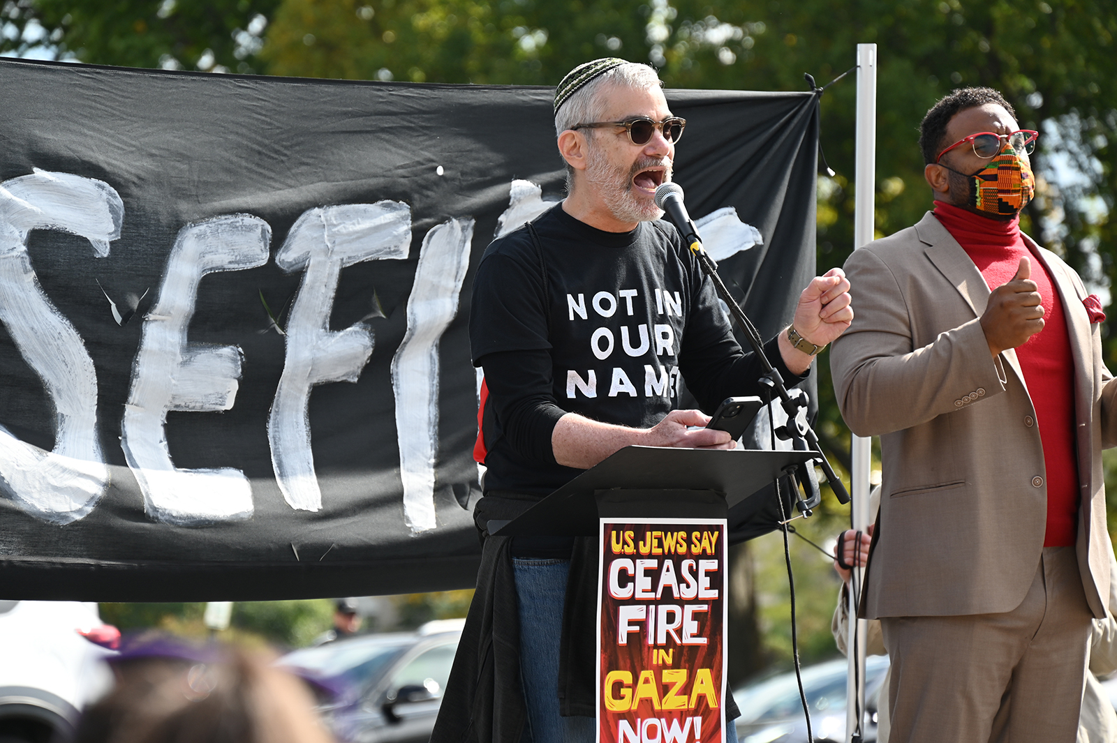 Rabbi Brant Rosen, head of Tzedek Chicago, speaks during a cease-fire rally, Oct. 18, 2023, on the National Mall in Washington. (RNS photo/Jack Jenkins)