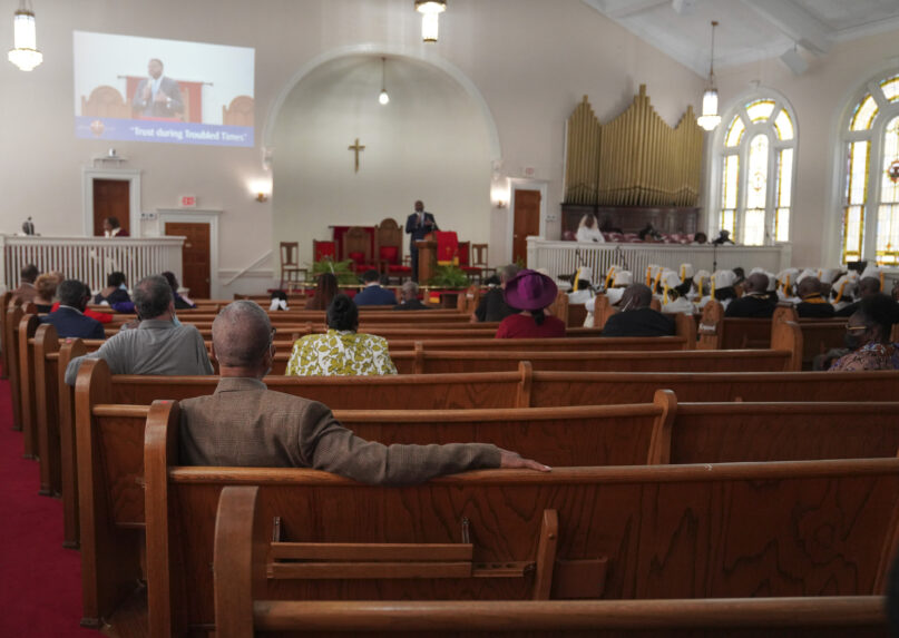 FILE - Congregants sit in largely empty pews during service at Zion Baptist Church, April 16, 2023, in Columbia, S.C. (AP Photo/Jessie Wardarski, File)