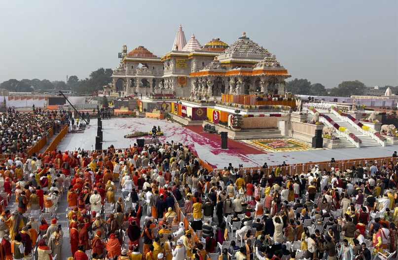 A general view of the audience during the opening of the Ram Mandir, a temple dedicated to Hindu deity Lord Ram, in Ayodhya, India, Monday, Jan. 22, 2024. Indian Prime Minister Narendra Modi is set to open the controversial Hindu temple built on the ruins of an ancient mosque in the holy city of Ayodhya in a grand event that is expected to galvanize Hindu voters months before a general election. (AP Photo/Rajesh Kumar Singh)