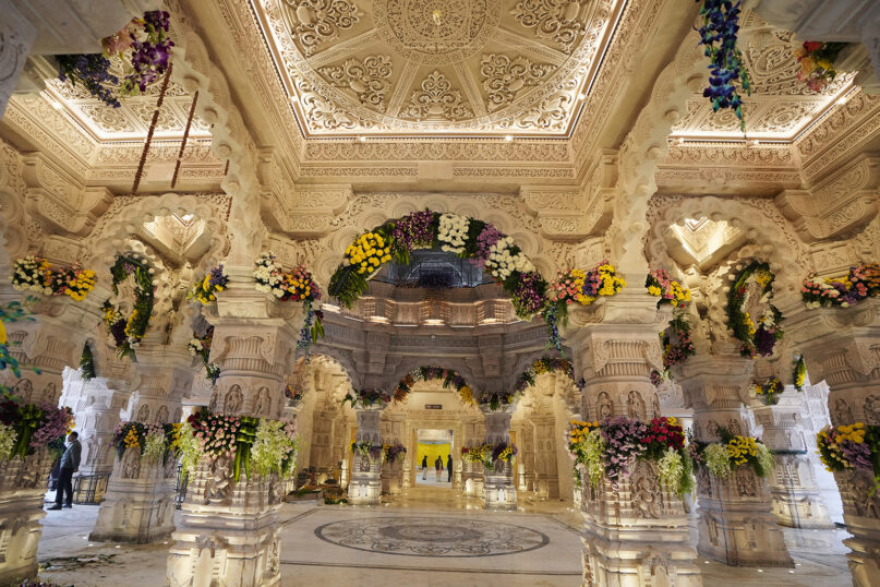 Flowers decorate one of the halls of Ram Mandir, a Hindu temple dedicated to Lord Ram, before its grand opening on Monday in Ayodhya, India, Friday, Jan. 19, 2024. A small part of the temple complex construction is finished and ready for the consecration. (AP Photo/Rajesh Kumar Singh)