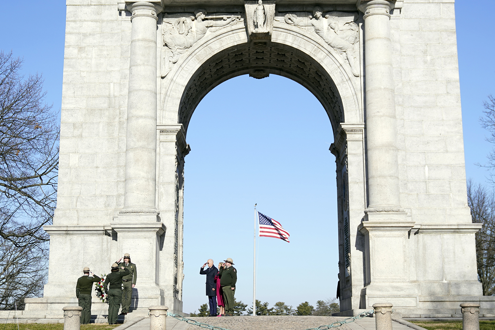 President Joe Biden and first lady Jill Biden participate in a memorial wreath ceremony at the National Memorial Arch at Valley Forge National Historic Park in Valley Forge, Pa., Friday, Jan. 5, 2024. (AP Photo/Stephanie Scarbrough)