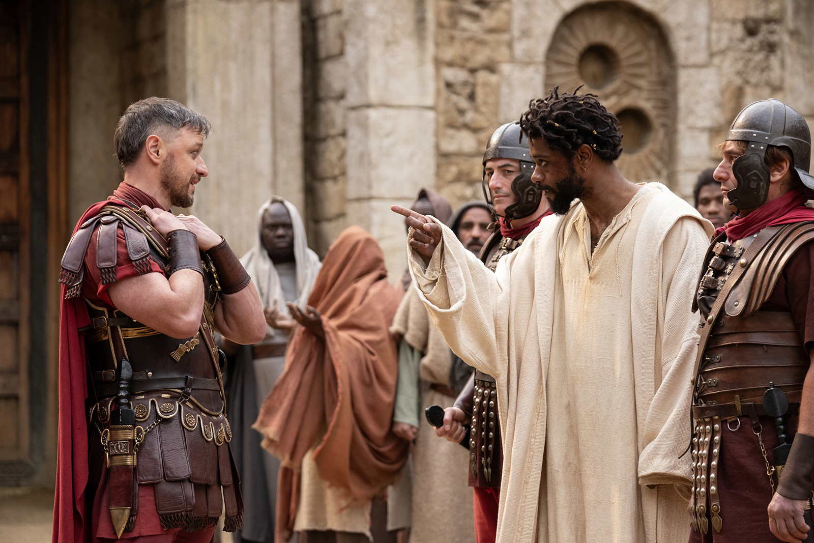 Pontius Pilate (James McAvoy), left, and Clarence (Lakeith Stanfield) in "The Book of Clarence." (Photo © 2023 Legendary Entertainment/Moris Puccio)