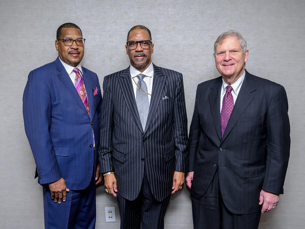 USDA Under Secretary for Natural Resources and Environment Homer Wilkes, from left, COGIC Presiding Bishop J. Drew Sheard, USDA, and U.S. Secretary of Agriculture Tom Vilsack pose together Tuesday, Jan. 23, 2024, while meeting in Atlanta. (Photo courtesy COGIC PR)