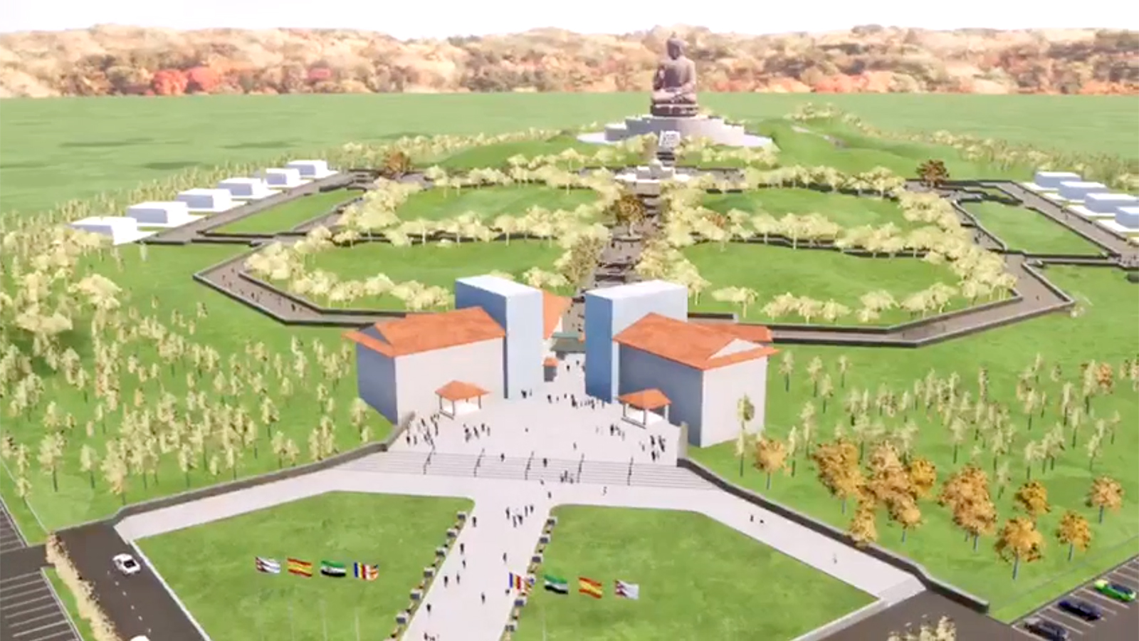 An artistic rendering of the proposed Lumbini Garden Foundation development in Cáceres, Extremadura, Spain, in 2019. (Image © Engineers' & Surveyors' Associates)