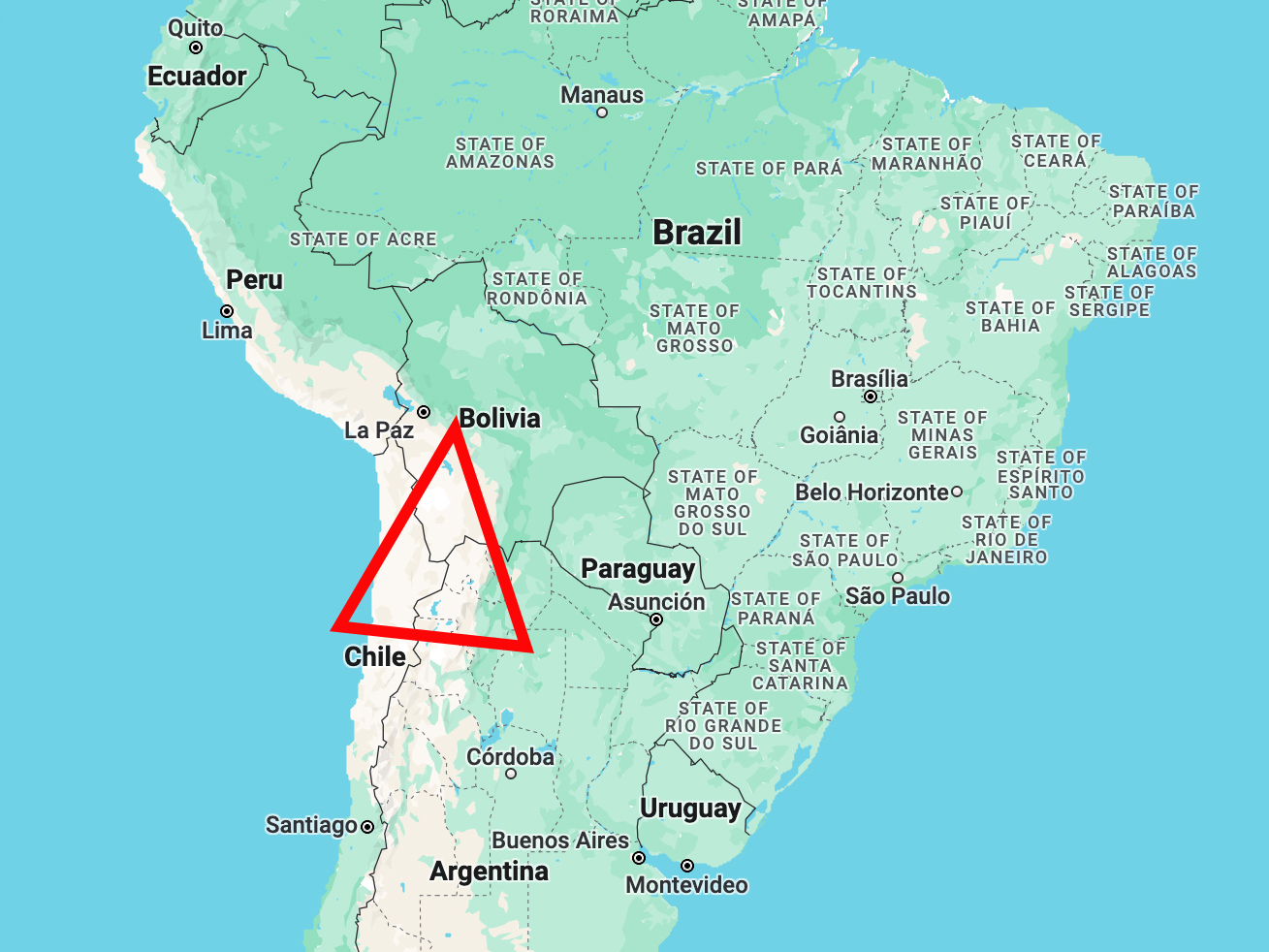 The Lithium Triangle in South America includes parts of Chile, Bolivia, and Argentina. (Image courtesy of Google Maps)